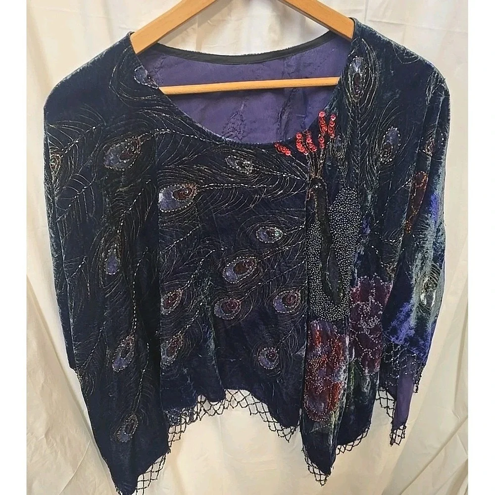 Vtg Ania A Peacock Velvet Beaded Boho Top‎ OS Festival Artwear Handkerchief Hem